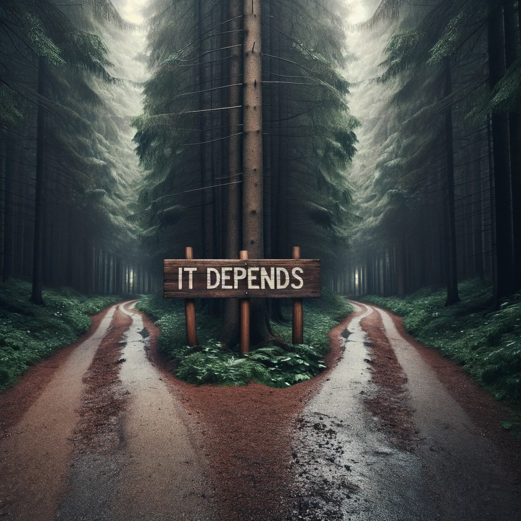 Photo of a split road in a dense forest, with one path leading to the left and another leading to the right. A large wooden sign in the middle of the split reads 'It depends', casting a shadow on the ground beneath.